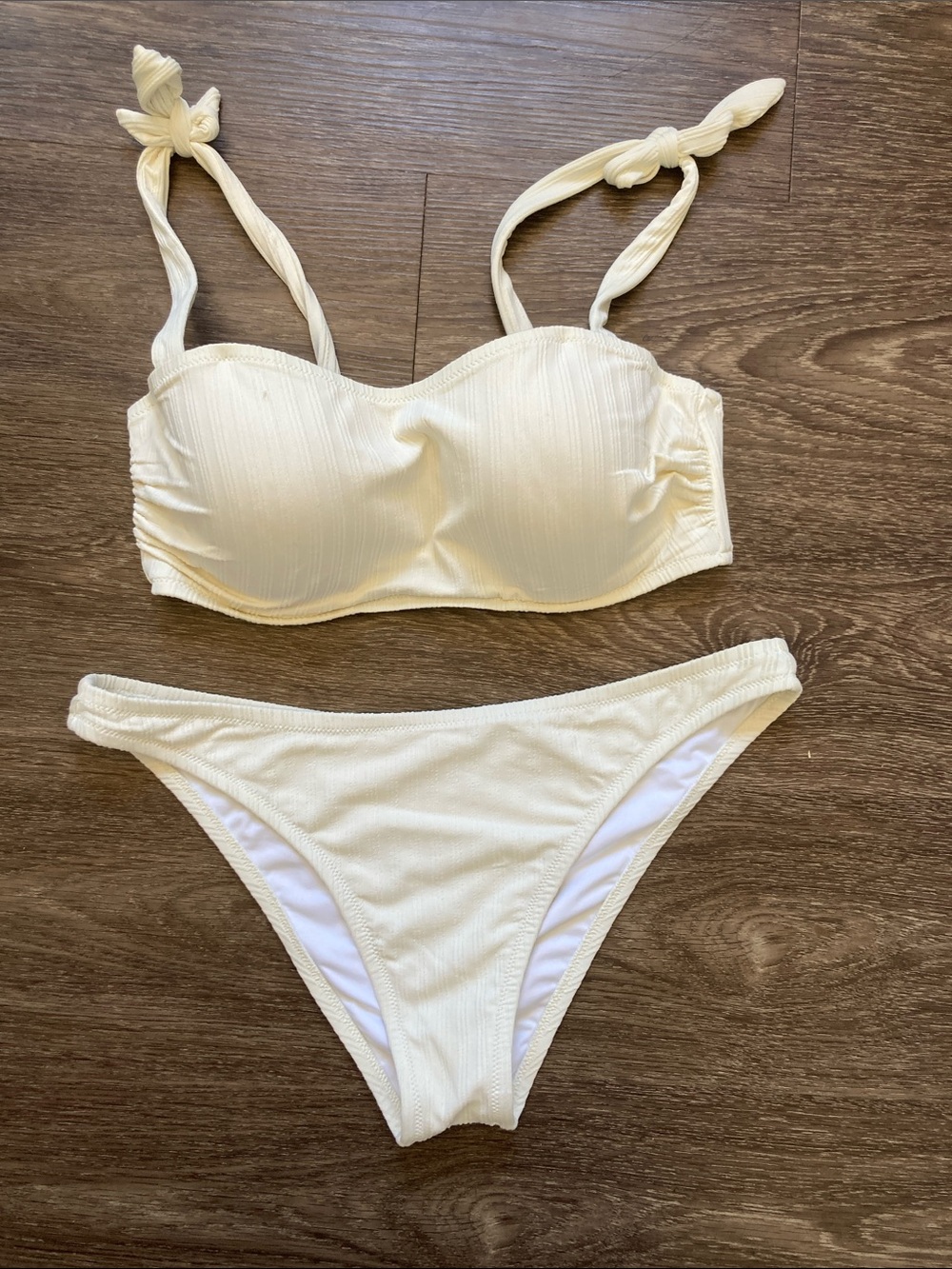 Shade & Shore Cream Ribbed Tie-Shoulder Bandeau Bikini